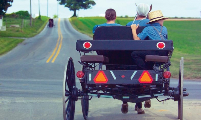 Amish people in an open buggy